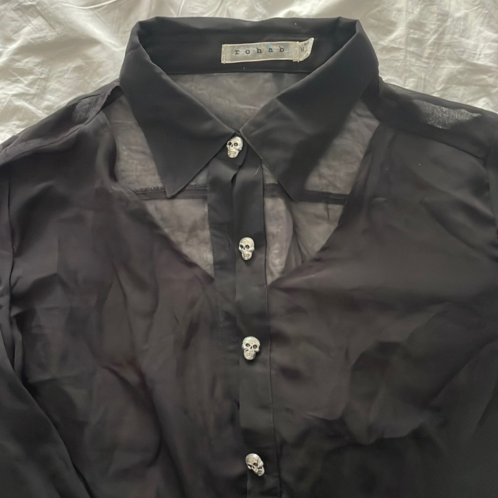 Silver skulls button black sheer top